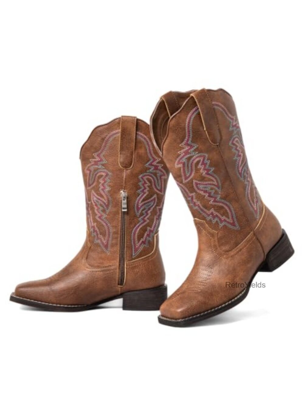Extra Wide Calf Cowboy Boots Faux Leather Square Toe Mid-Calf Women